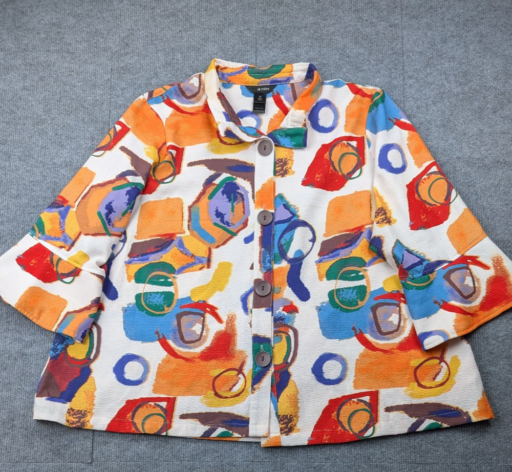 Ali Miles Blouse Womens 2X Button Front Lagenlook Artsy Watercolor Colorful